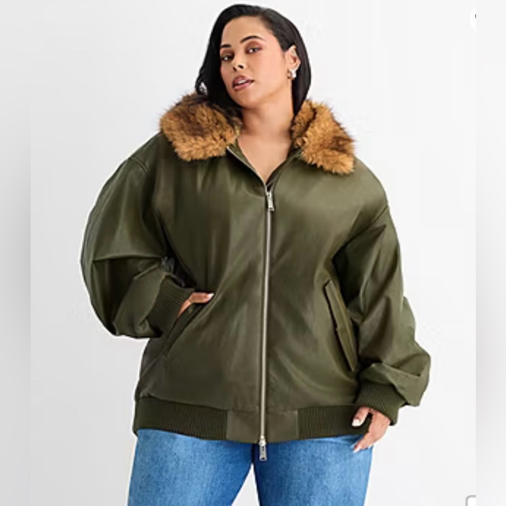 Ashley Graham Olive Green Faux Leather Bomber Jacket With Brown Faux-Fur Hood